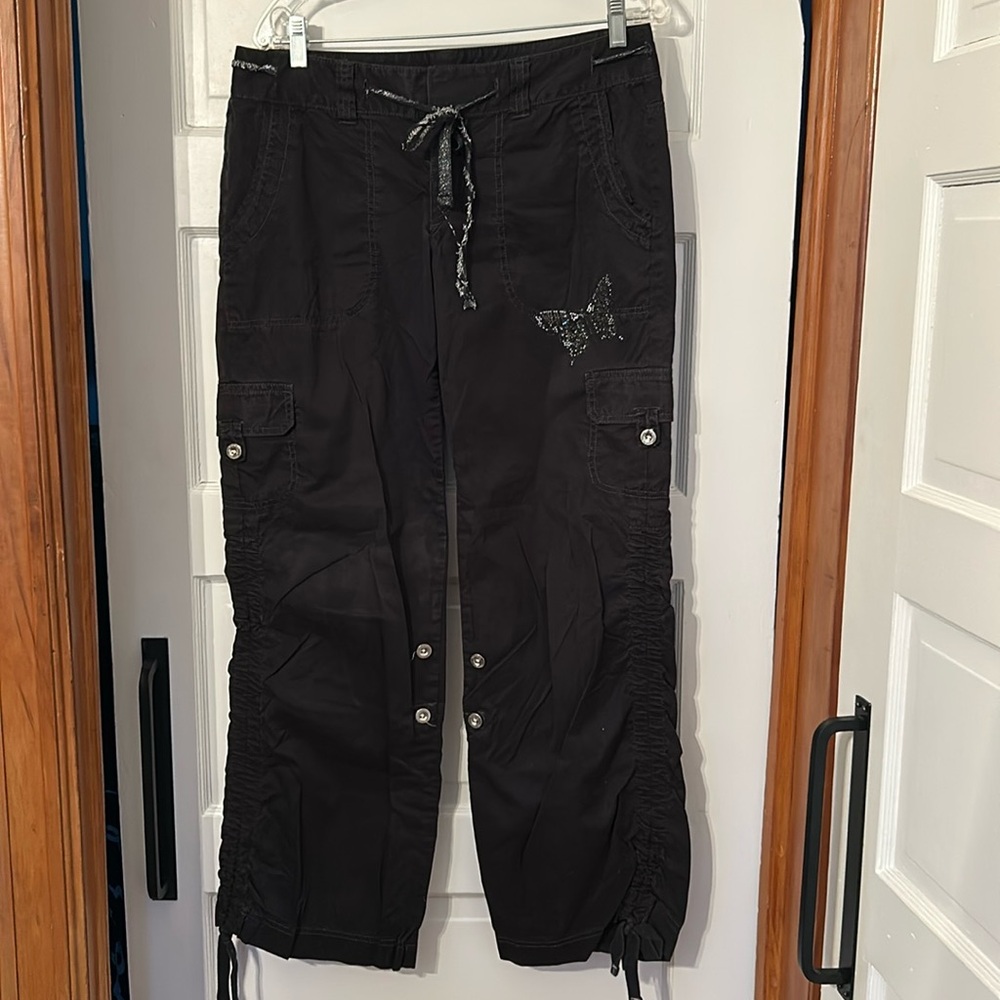 Express Black Cargo Jogger Pants with Sequin Butterfly